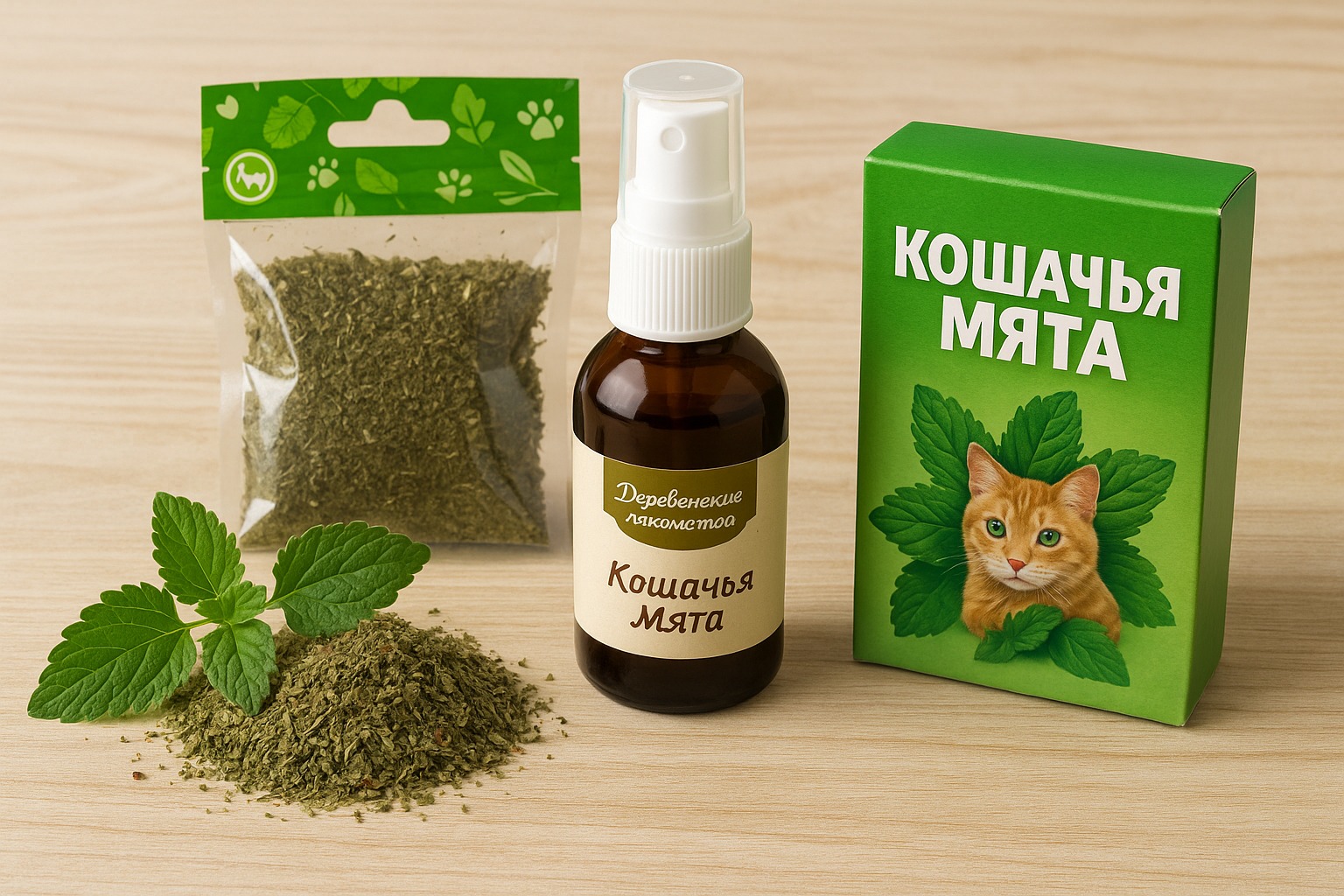 Кошка играет с кошачьей мятой