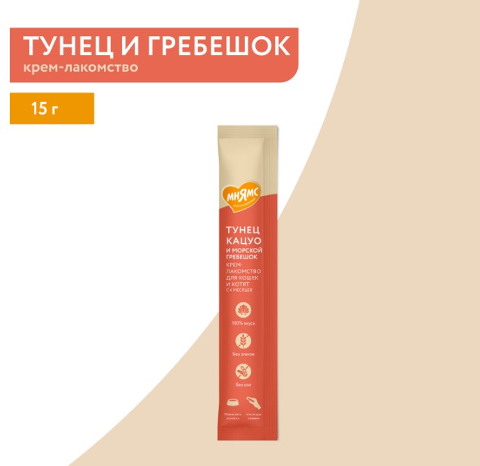 Крем-лакомство Мнямс для кошек с тунцом Кацуо и морским гребешком
