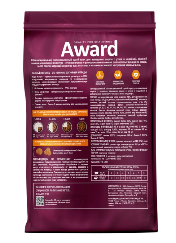 Сухой корм для кошек Award Cat Hairball & Indoor (утка, индейка)