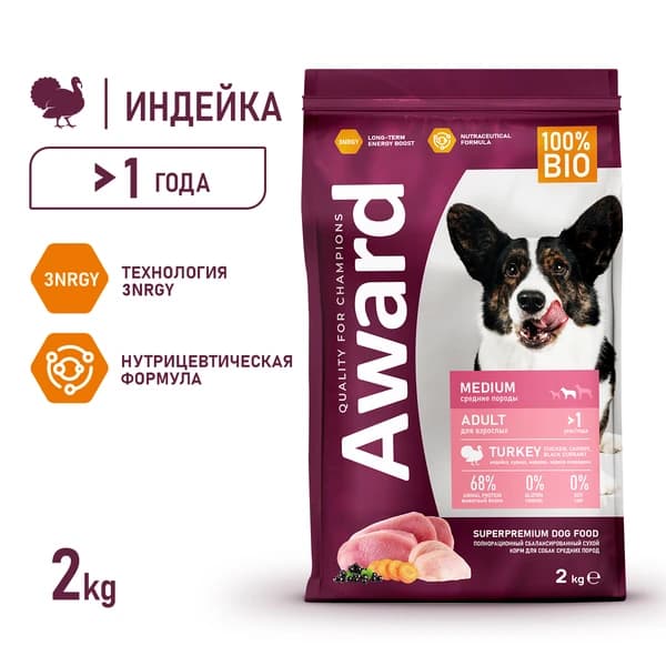 Сухой корм для собак средних пород Award Adult Medium Dog (индейка, курица)