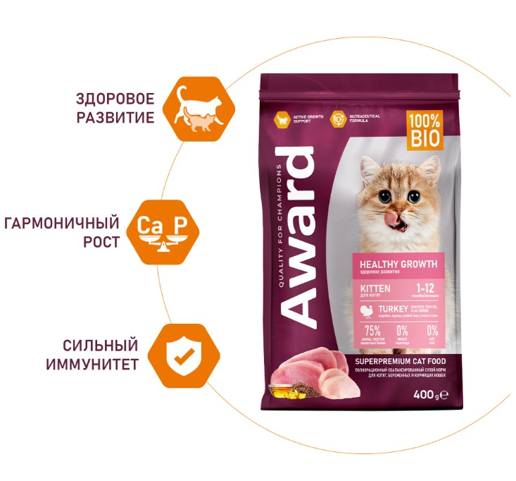 Сухой корм для котят Award Kitten Healthy growth (индейка, курица)