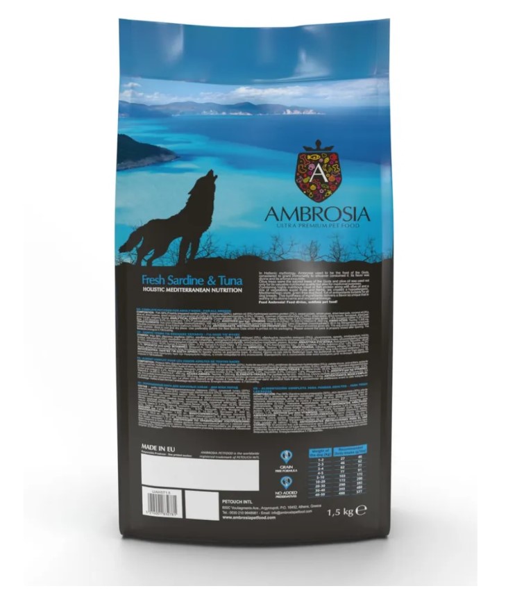 Сухой корм для взрослых собак AMBROSIA MEDITERRANEAN (сардина, тунец)
