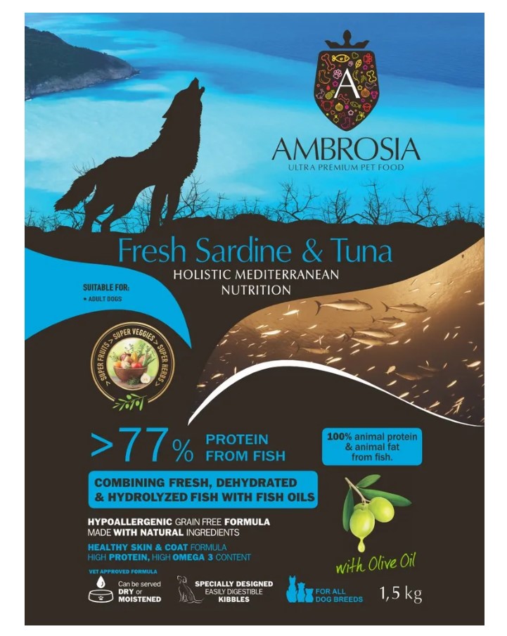 Сухой корм для взрослых собак AMBROSIA MEDITERRANEAN (сардина, тунец)