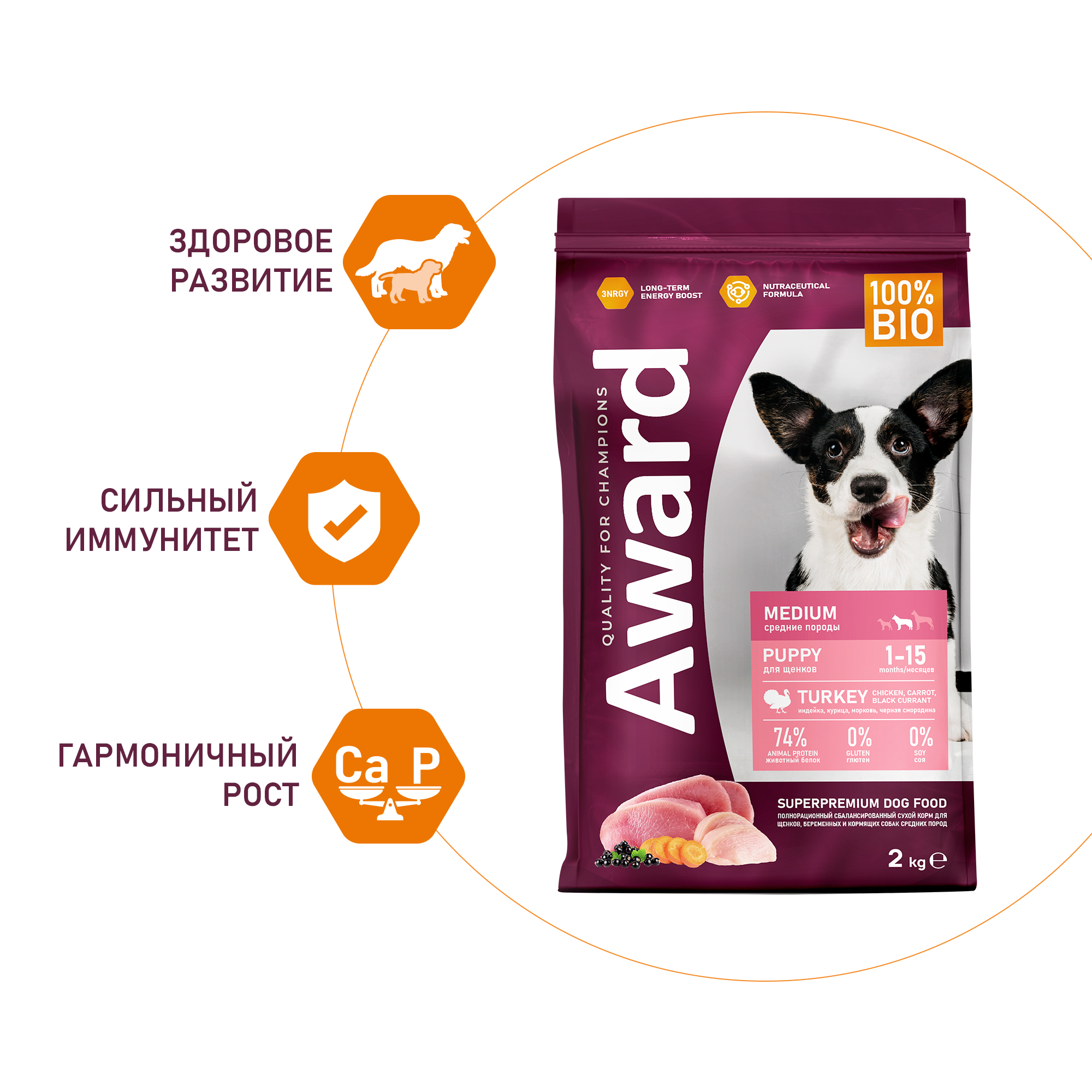 Сухой корм для щенков средних пород Award Puppy Medium (индейка, курица)