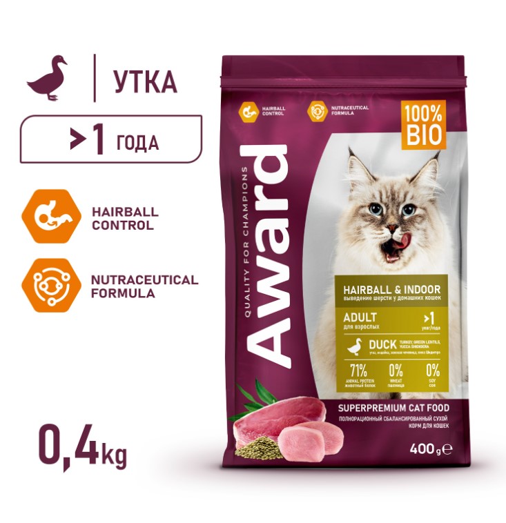 Сухой корм для кошек Award Cat Hairball & Indoor (утка, индейка)