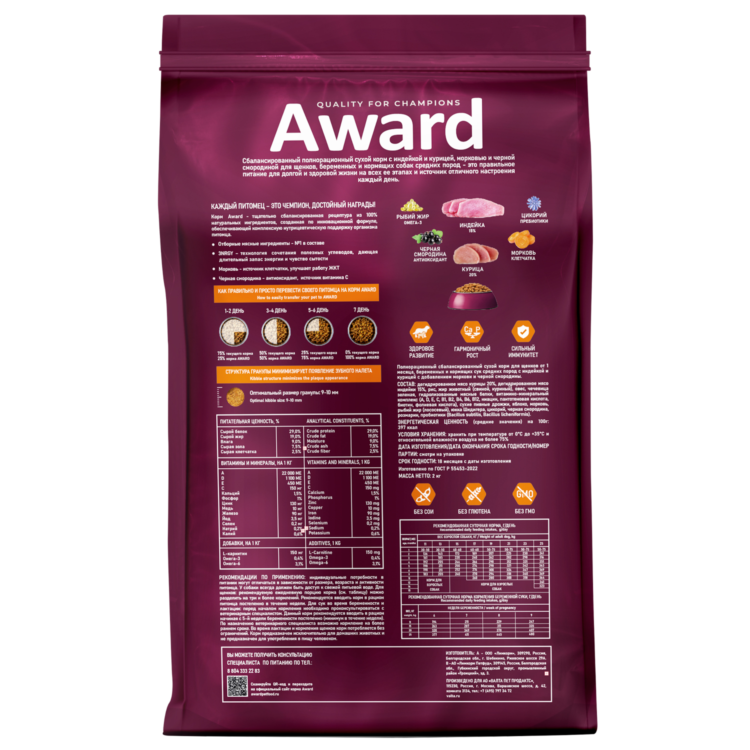 Сухой корм для щенков средних пород Award Puppy Medium (индейка, курица)