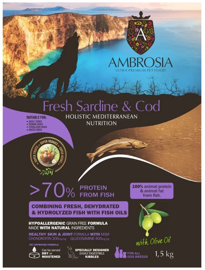 Сухой корм для взрослых собак AMBROSIA MEDITERRANEAN (сардина, треска)