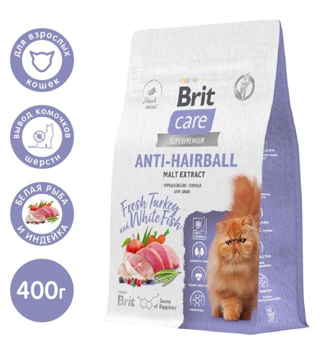 Сухой корм для кошек Brit Care Cat Anti-Hairball (рыба, индейка)