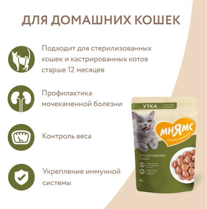 Влажный корм Мнямс Кусочки в соусе с уткой для домашних кошек