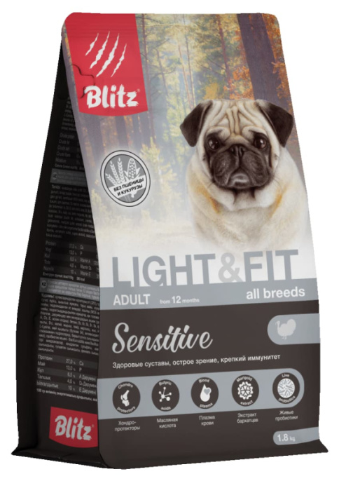 Сухой корм для собак Blitz Sensitive Light & Fit Adult Dog All Breeds (индейка) (1,8 кг)