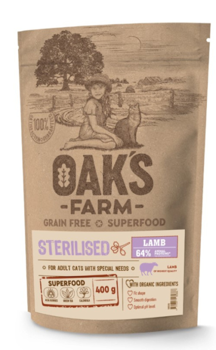 Сухой корм для стерилизованных кошек OAK'S FARM Grain Free Sterilised Adult Cat (ягненок) (400 гр)