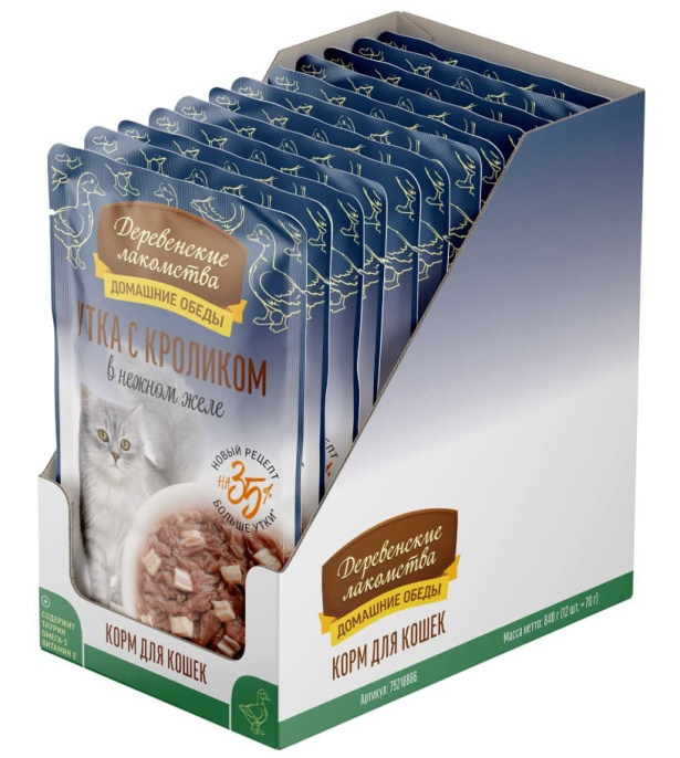 Влажный корм для кошек Деревенские лакомства Утка с кроликом в нежном желе (70 гр.)