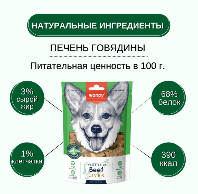 Лакомство сублимированное для собак Wanpy Dog (говядина, печень) (40 гр)