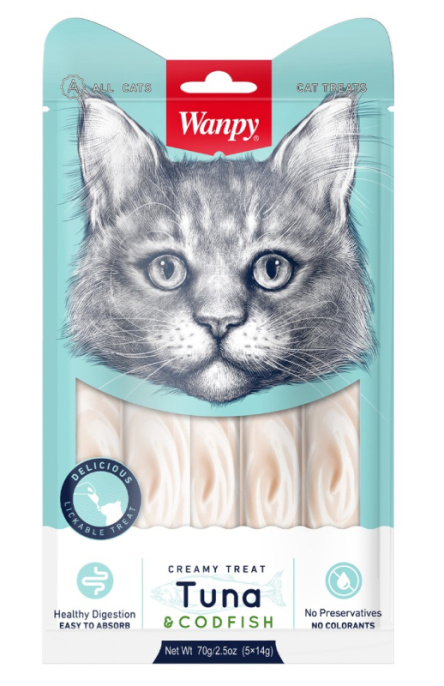 Лакомство для кошек Wanpy Cat Нежное пюре из тунца и трески (5 шт х 14 гр)