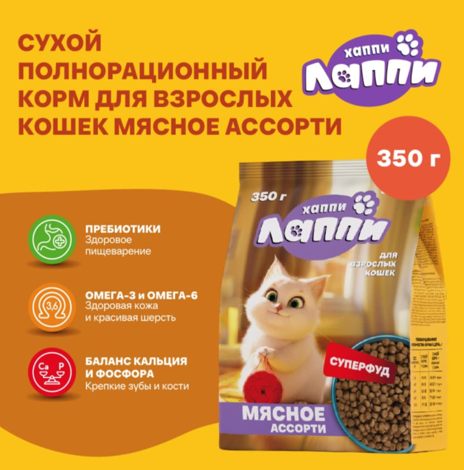 Сухой корм для кошек Хаппи Лаппи Adult Cat (мясное ассорти) (350 гр.)