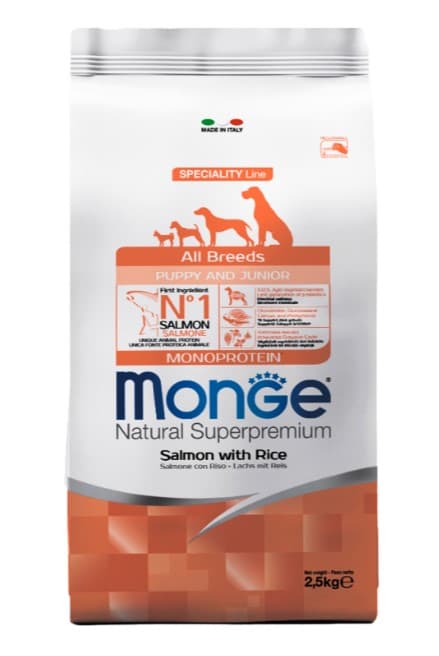 Сухой корм для щенков Monge Monoprotein Puppy & Junior All Breeds (лосось, рис) (800 гр.)