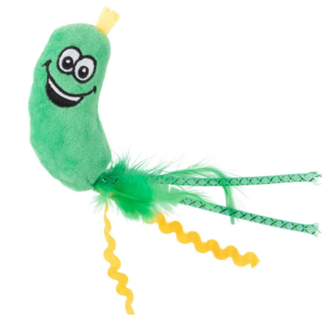 Игрушка для кошек Mr.Kranch Огурчик плюшевая, с кошачьей мятой и перышками зеленая (17 см)
