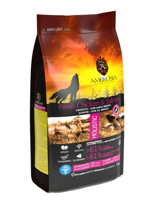 Сухой корм для щенков крупных пород AMBROSIA GRAIN FREE (курица, лосось) (2 кг)