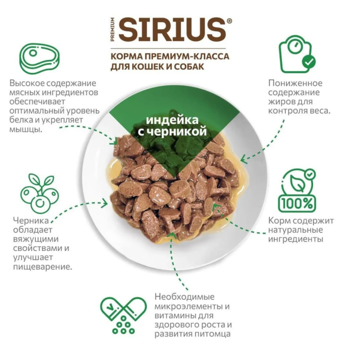 Влажный корм для кошек Sirius Adult Cat (индейка, черника) (85 гр.)