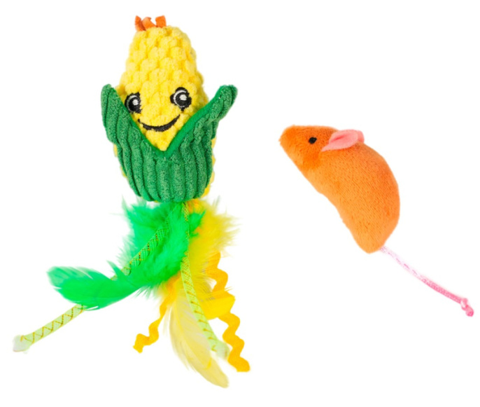 Игрушка для кошек Mr.Kranch Кукурузка и Мышка плюшевая с кошачьей мятой и перышками желтая (19 см)