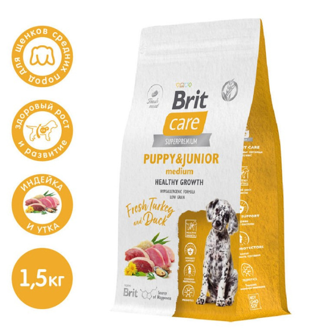 Сухой корм для щенков Brit Care Dog Puppy&Junior M Healthy Growth (индейка, утка) (3 кг)