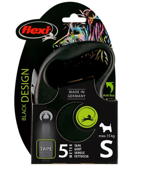 Поводок-рулетка Flexi BLACK DESIGN лента, черный (S,15кг/5м)
