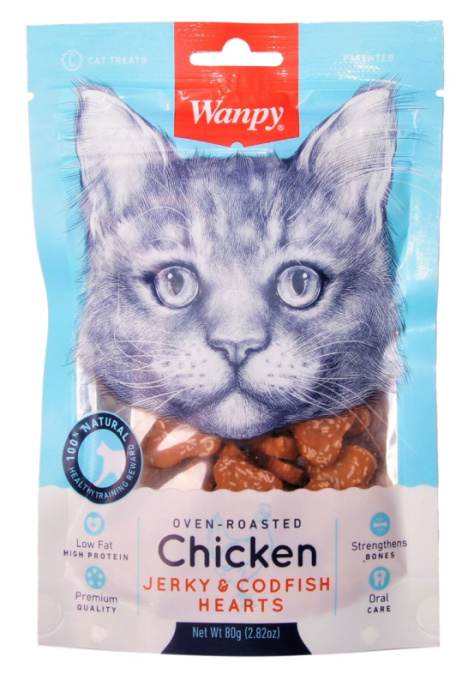 Лакомство для кошек Wanpy Cat Сердечки из курицы с треской (80 гр)