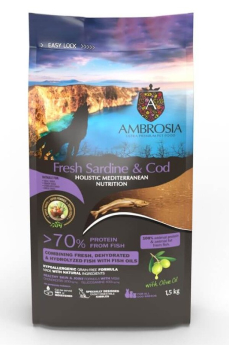 Сухой корм для взрослых собак AMBROSIA MEDITERRANEAN (сардина, треска) (1,5 кг)