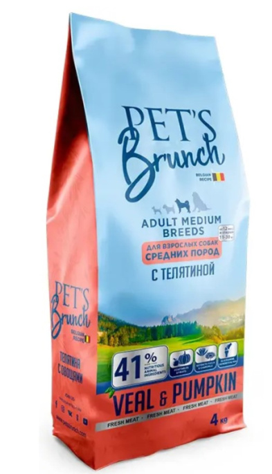Сухой корм для собак средних пород Pet's Brunch Adult Medium Breeds (телятина, тыква) (11 кг)