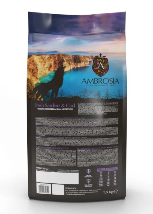 Сухой корм для взрослых собак AMBROSIA MEDITERRANEAN (сардина, треска) (1,5 кг)