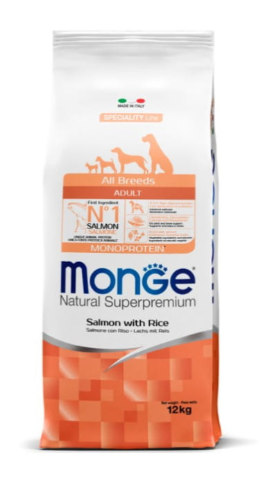 Сухой корм для собак Monge Dog Monoprotein Adult All Breeds (лосось, рис) (12 кг)