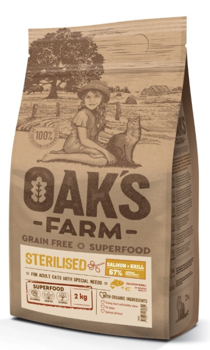 Сухой корм для стерилизованных кошек OAK'S FARM Grain Free Sterilised Adult Cat (лосось, криль) (18 кг)