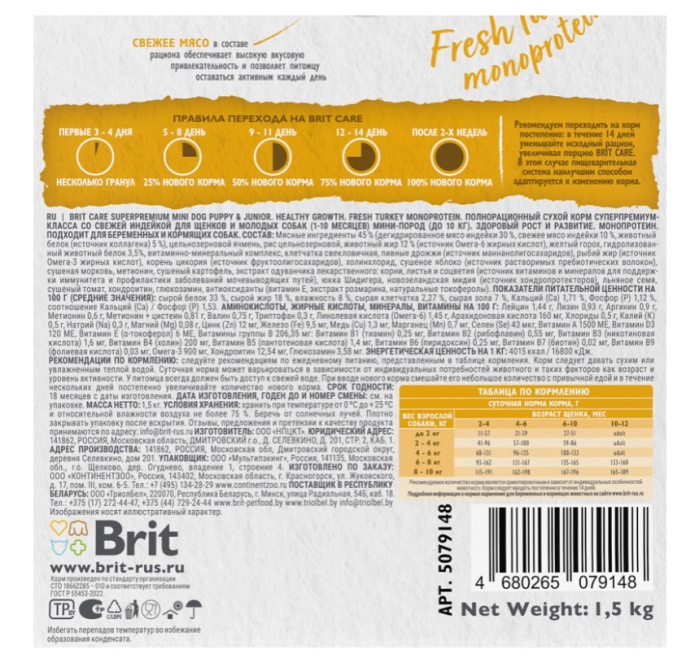 Brit Care Сухой корм для щенков и молодых собак миниатюрных пород Healthy Growth (индейка) (1,5 кг)
