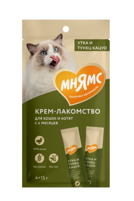 Крем-лакомство Мнямс для кошек с уткой и тунцом Кацуо (15 г х 4 шт.)