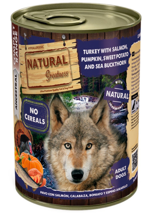 Консервы для собак Natural Greatness Adult (индейка, лосось, тыква, сладкий картофель, облепиха) (400 гр)