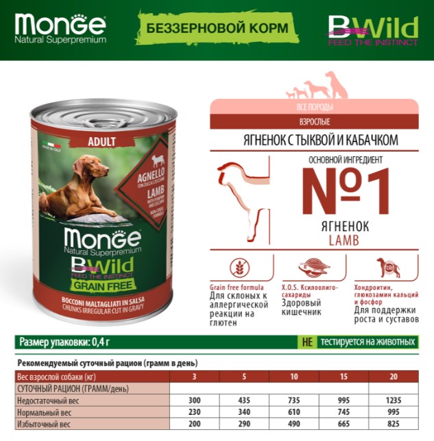 Консервы для собак Monge BWild GF Dog Adult All Breeds Lamb (ягненок,тыква) (400 гр.)
