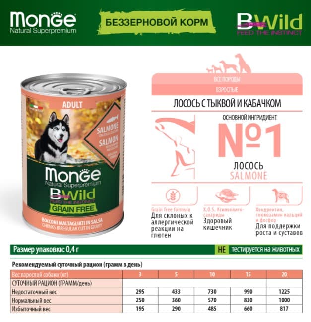 Консервы для собак Monge BWild GF Dog Adult All Breeds (лосось,тыква) (400 гр.)
