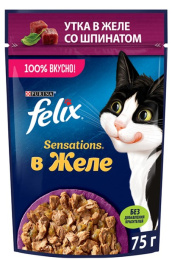 Влажный корм для кошек Felix Sensations в желе (утка, шпинат)