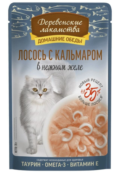 Влажный корм для кошек "Деревенские лакомства" Лосось с кальмаром в нежном желе (70 гр.)