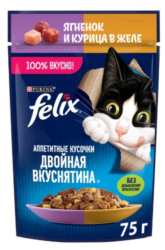 Влажный корм для кошек Felix Аппетитные кусочки Двойная вкуснятина в желе (ягненок, курица) (75 гр)