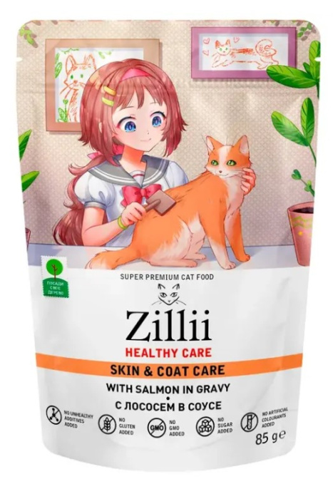 Влажный корм для кошек ZILLII HEALTHY CARESkin & Coat Care Adult Cat в соусе (лосось) (85 гр)