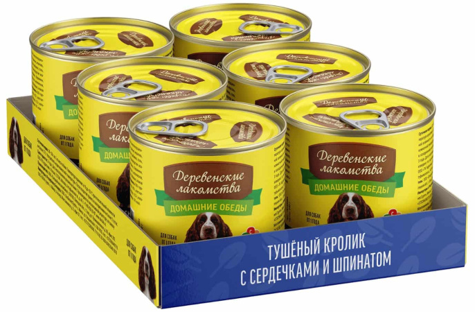 Консервы для собак Деревенские лакомства "Домашние обеды" тушеный кролик с сердечками, шпинат (240 гр.)