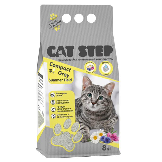 Наполнитель серый комкующийся минеральный CAT STEP Compact Grey Summer Field, 4 кг (4 кг)