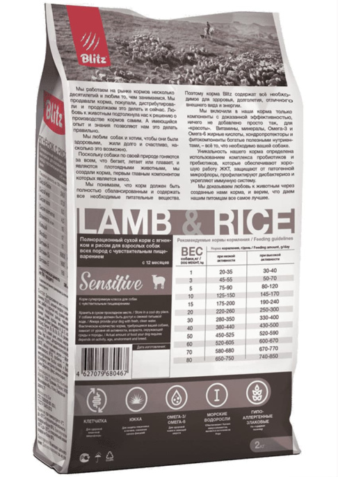 Сухой корм для собак Blitz Sensitive Adult Dog All Breeds (ягненок, рис) (15 кг)
