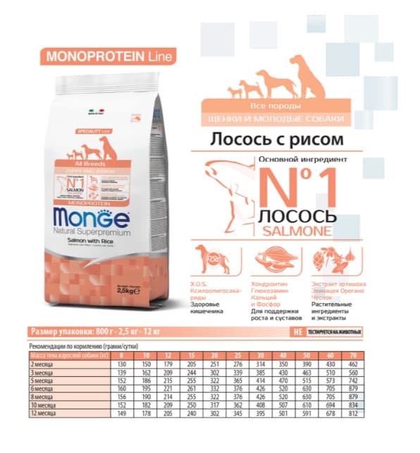 Сухой корм для щенков Monge Monoprotein Puppy & Junior All Breeds (лосось, рис) (800 гр.)