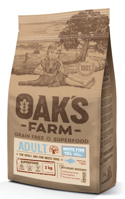 Сухой корм для собак мелких пород OAK'S FARM Grain Free Adult Small and Mini Breed Dogs (белая рыба) (6,5 кг)