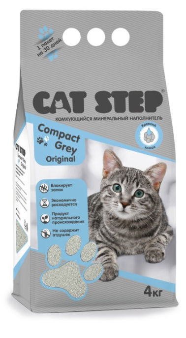 Наполнитель серый комкующийся минеральный CAT STEP Compact Grey Original, 4 кг (4 кг)