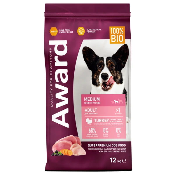 Сухой корм для собак средних пород Award Adult Medium Dog (индейка, курица) (12 кг)