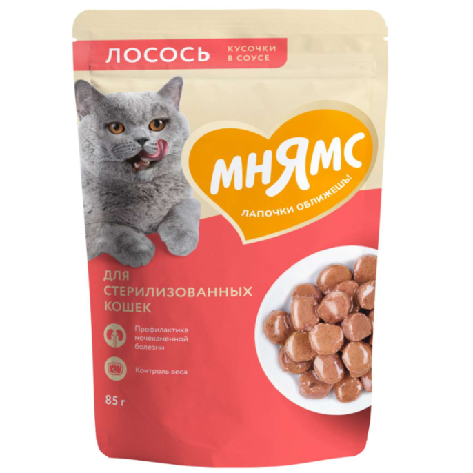 Влажный корм Мнямс Кусочки в соусе с лососем для стерилизованных кошек (85 гр.)