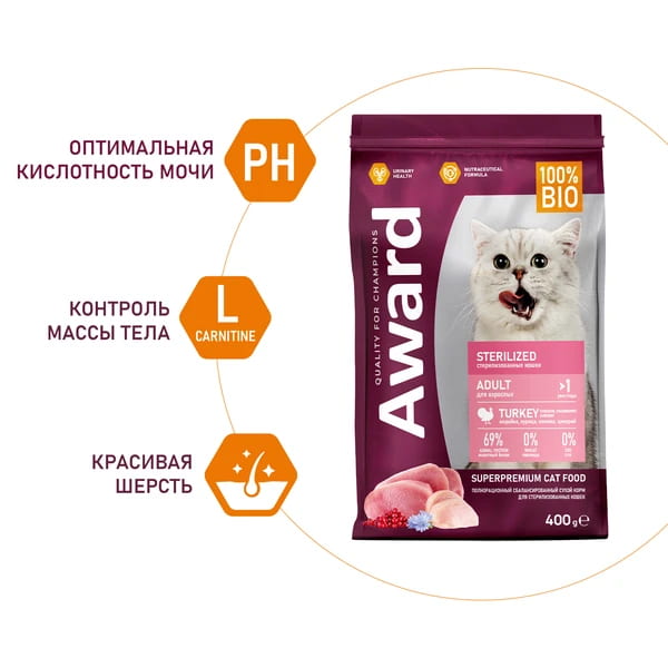Сухой корм для кошек Award Cat Sterilized (индейка, курица) (400 гр.)